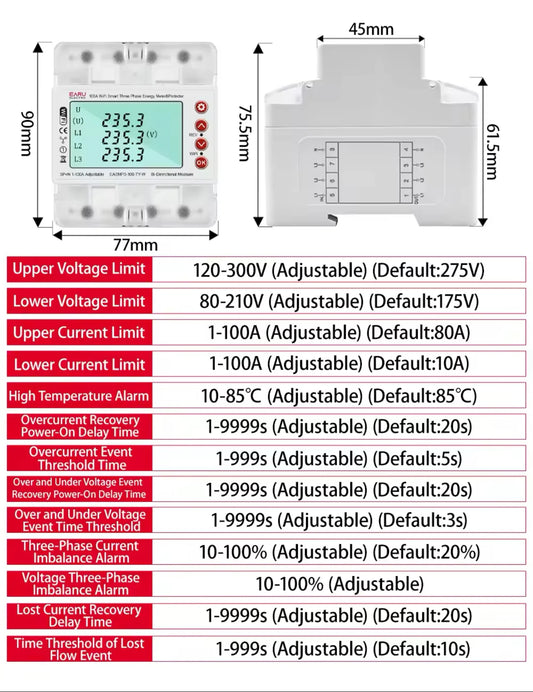 3 Phase 380V 100A Tuya WiFi Smart Bi-Directional Energy Power kWh Meter Over Under Voltage Protector Relay Switch Current Limit