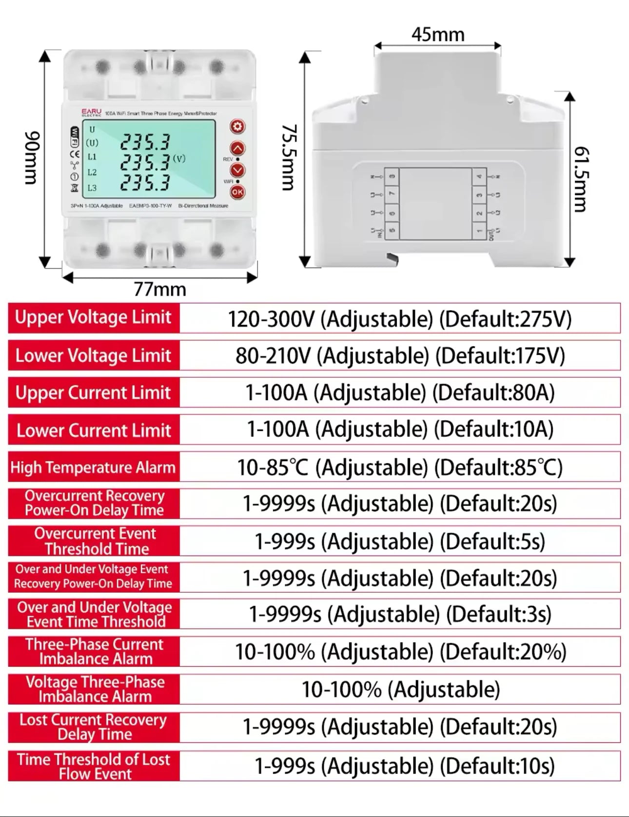 3 Phase 380V 100A Tuya WiFi Smart Bi-Directional Energy Power kWh Meter Over Under Voltage Protector Relay Switch Current Limit