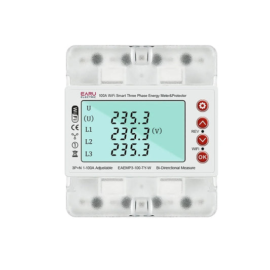 3 Phase 380V 100A Tuya WiFi Smart Bi-Directional Energy Power kWh Meter Over Under Voltage Protector Relay Switch Current Limit